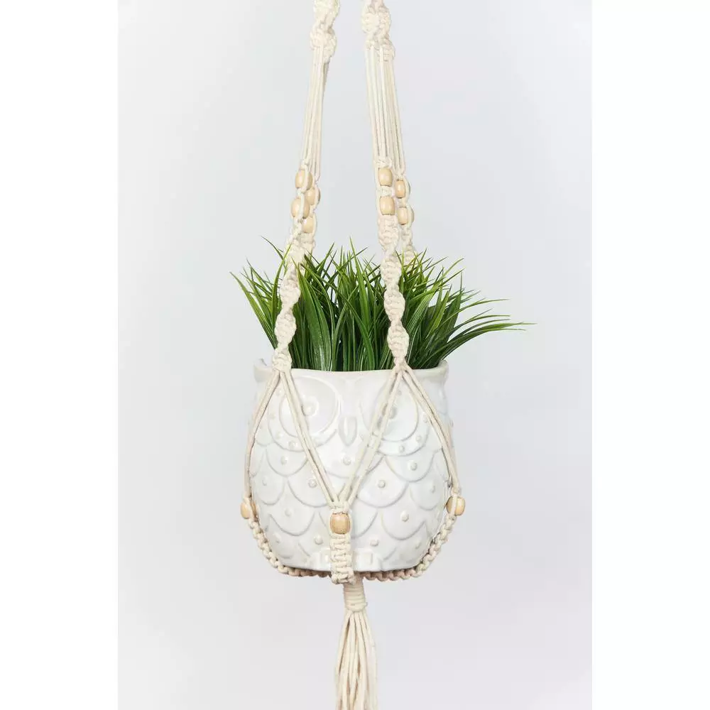 Primitive Planters 42 in. Ivory Woven Cotton Beaded Plant Hanger with Natural Deads 3 Primitive Planters 42 in. Ivory Woven Cotton Beaded Plant Hanger with Natural Deads - Image 3