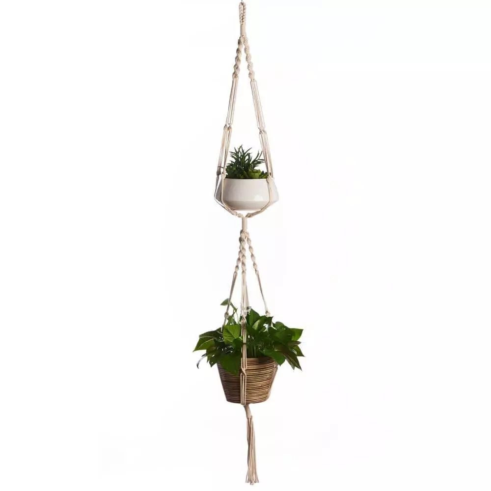 Primitive Planters 60 in. Woven Cotton 2-Tier Woven Plant Hanger 2 Primitive Planters 60 in. Woven Cotton 2-Tier Woven Plant Hanger - Image 2