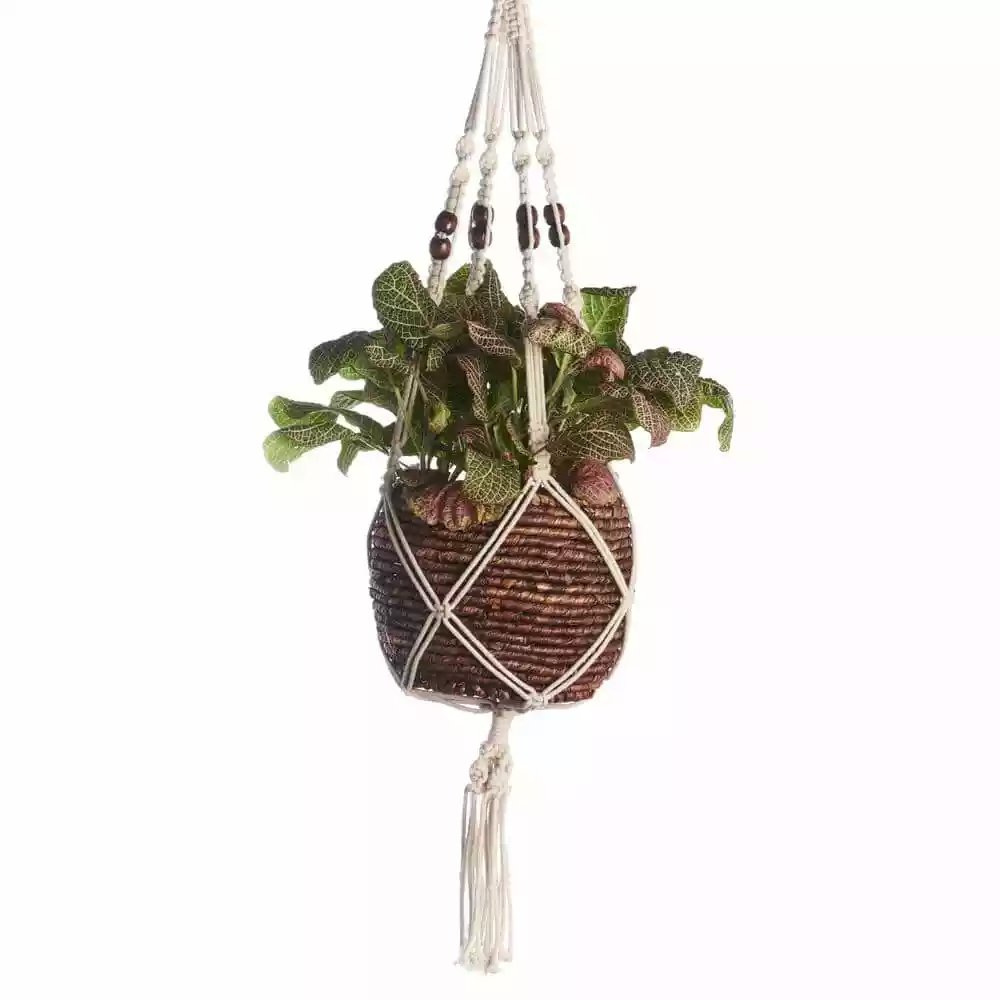 Primitive Planters 42 in. Off White Woven Cotton Beaded Cotton Woven Plant Hanger with Brown Beads 2 Primitive Planters 42 in. Off White Woven Cotton Beaded Cotton Woven Plant Hanger with Brown Beads - Image 2