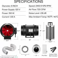 VIVOSUN 8 in. 720 CFM Inline Fan with Speed Controller, 8 in. Carbon Filter and 25 ft. of Ducting -Deals Silky Store vivosun grow room ventilation x002cq77bv 76 1000