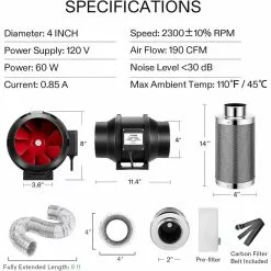 VIVOSUN 4 in. 190 CFM Inline Fan with Speed Controller, 4 in. Carbon Filter and 8 ft. of Ducting -Deals Silky Store vivosun grow room ventilation x002cq7hod 76 1000